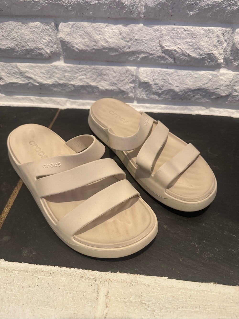 CROCS Women’s Triple-Strap Slide Sandals in Beige